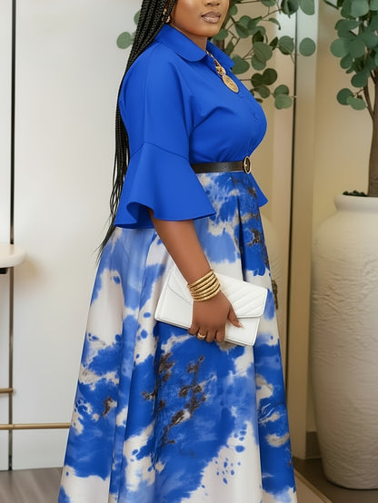 Plus Size - Plus Size Women'S Spring/Summer Flared-Sleeve Waist-Adjusted Printed Dress | Fashion Color-Block Design Showcasing Vibrant Temperament, Ideal for Daily Outings & Light Social Occasions, Creating Exquisite Eye-Catching Looks