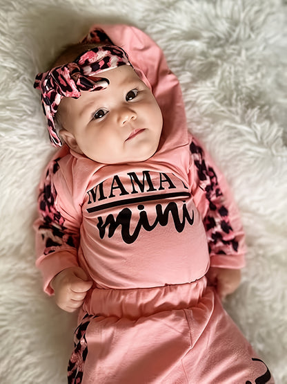 KuKitty Infant Baby Girl Clothes Set Long Sleeve "Mama's Mini" Print Pullover Sports Hooded Tops and Leopard Pants Outfits Set
