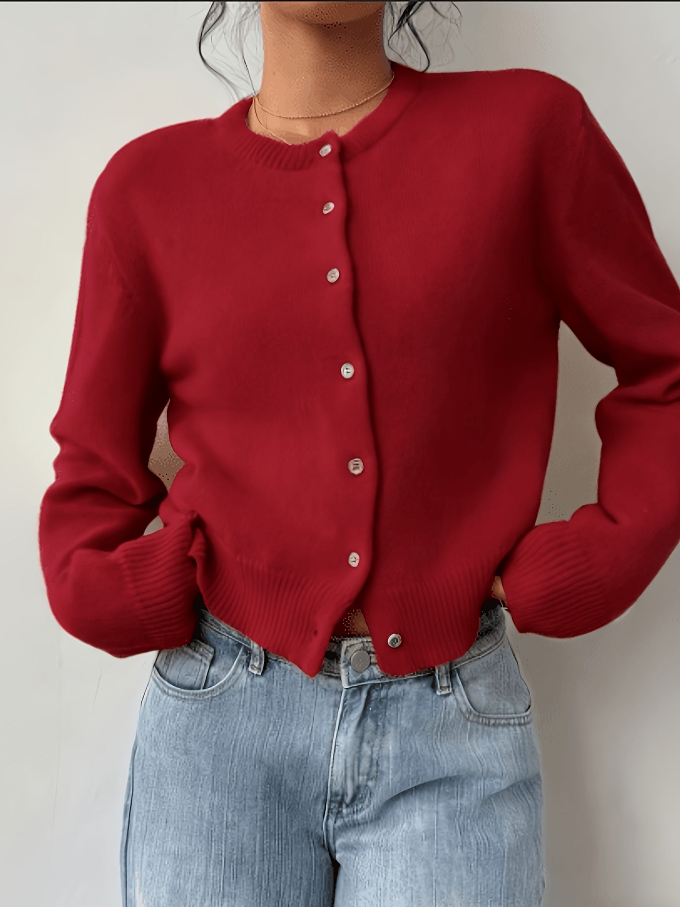 New Spring And Summer Fashionable Elegant Women's Stretch Button Cardigan - High-Elasticity Crew Neck Spring/Autumn Sweater, Hand Wash/Dry Clean Spring And Summer Apparel, Lightweight And Breathable Daily Commute, Sports And Leisure Top, Qqq