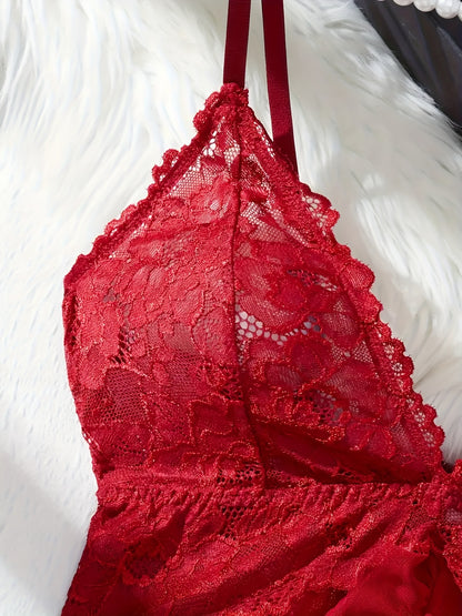 Big Size Sultry Valentine Lace Sleepwear Dress Set - Exquisite Lace, Flattering V-Neckline, Daring Backless Design, Delicate Ruffle Trim, Trendy Split Hem, Seductive Thong Detail, Ultra-Comfortable Fabric, Perfect for Romantic Night, Anniversary Gift