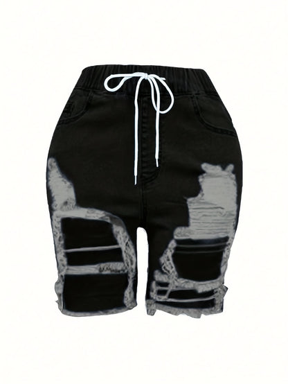 Ladies' Fashionable Ripped Denim Shorts, Mid Waist Straight Leg Pants, Waist Drawstring Design, Frayed Edges with Pockets, Summer Casual Wear