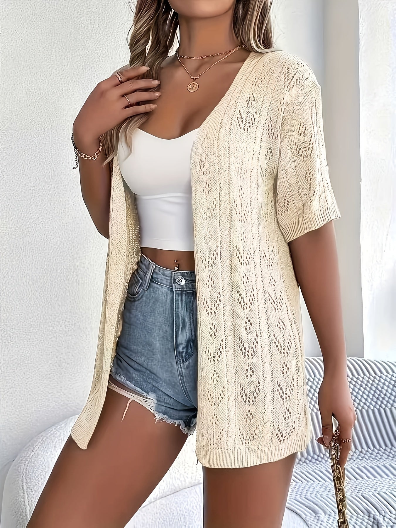Plus Size, Plus Size Women's Lightweight Lace- Cardigan - Open Front Semi-Sheer Cover-Up with Cut-Out Design, Casual Chic Spring/Summer Beachwear for Vacation & Leisure, Summer Layering Piece | Elegant Cardigan | Elegant Craftsmanship, Lace Cardigan