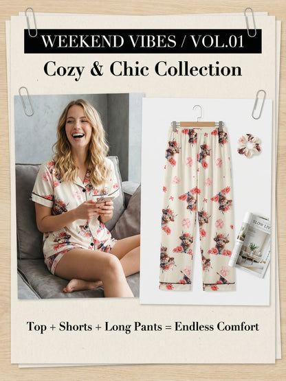 [3pcs Women's Pajama Set] 3pcs Casual Women's Pajama Set | Features A Lapel Collar, Short-sleeved Top with Button Closure, Paired with Shorts And Long Pants, Adorned with Floral And Cow Patterns. Comfortable Loungewear Suitable for All Seasons