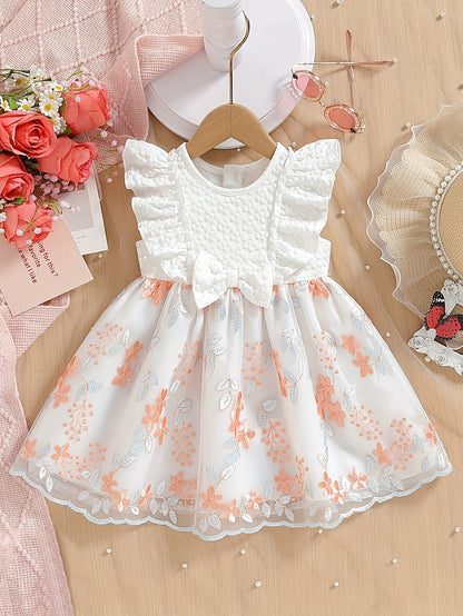 Dress for Baby Girls, Children'S Attire, Summer Princess-Style Dress with a Round Neck And Sunflower Leaf Edges, Featuring a Cute Bow Made of Net Fabric, Perfect for Parties And Valentine'S Day Presents