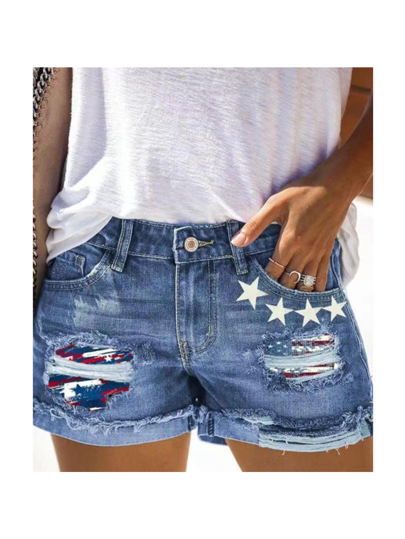 Women's Blue Denim Printed High-Waist Denim Shorts - product view 4