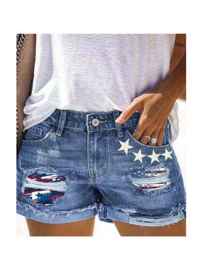Women's Blue Denim Printed High-Waist Denim Shorts - product view 4