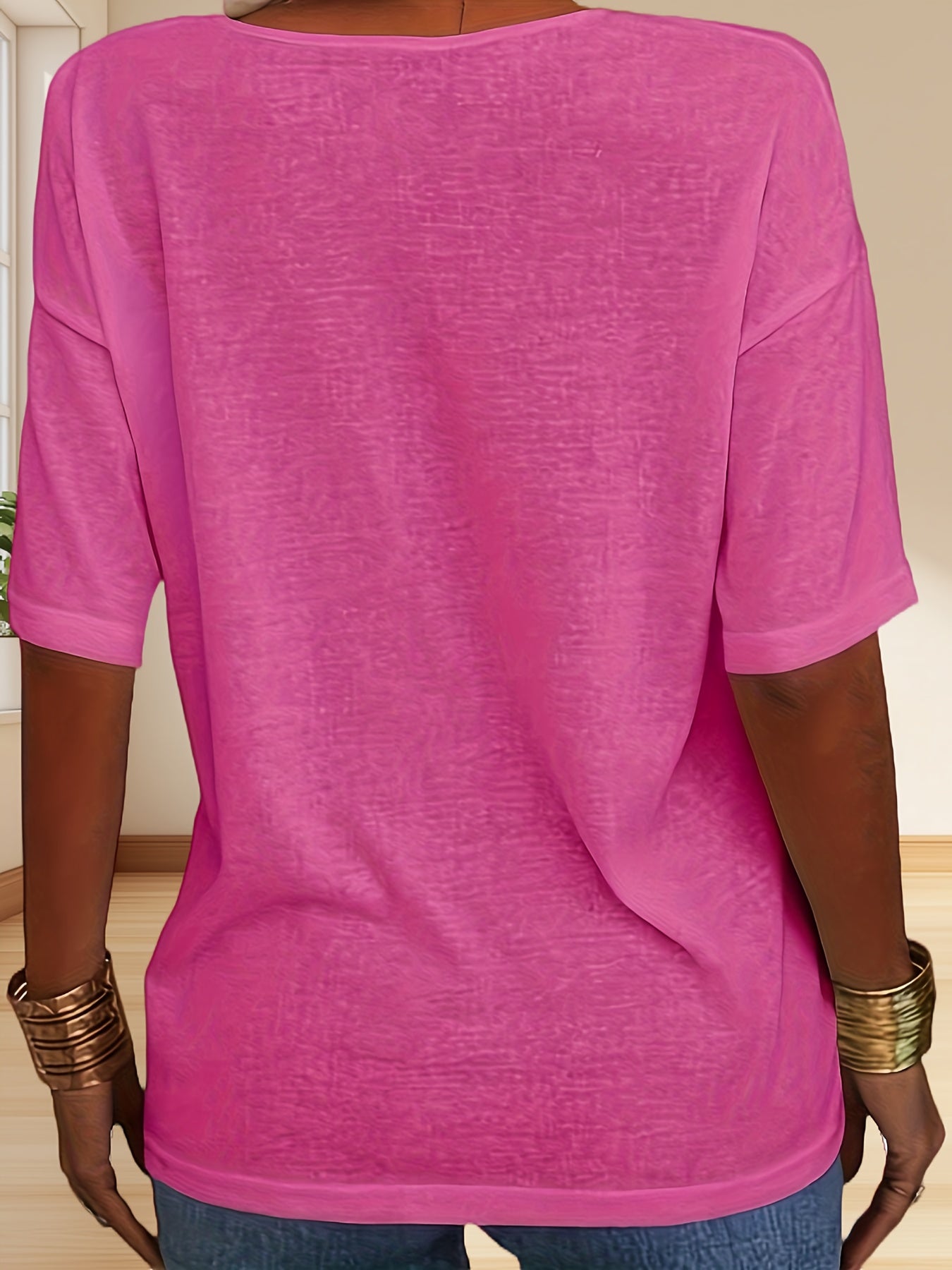 Women Fashion V-neck Half Sleeve T-shirt, Solid Color Casual Loose Basic Top