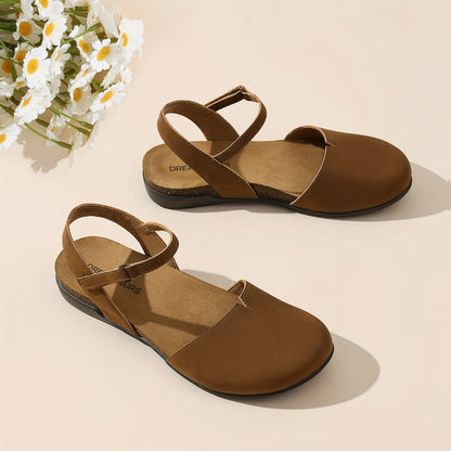 Women' Adjustable Strap Flat Sandals - Low Heel Closed-Toe Round Toe Shoes Suitable for Work, Daily Wear & Casual - Soft Cushioned Insole & Tape Strap - Ideal Gift for Mom, Daughter, Women Shoes