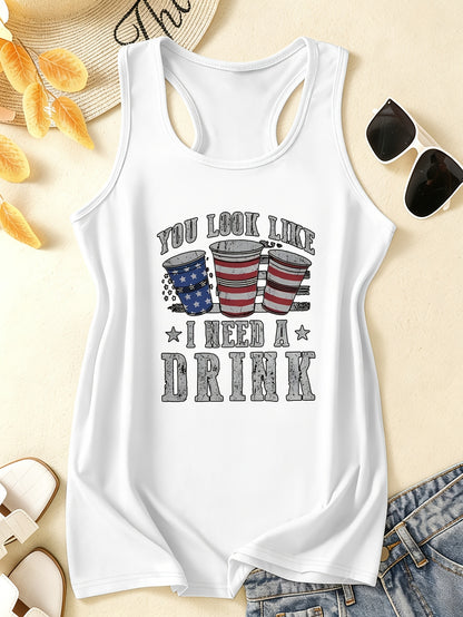 Women's Tank Top T-Shirt, Printed Tank Top T-Shirt, Sleeveless Tank Top T-Shirt, Women's Casual Tank Top T-Shirt 'Looks Like I Need a Beer' Humorous Pattern Print- American Flag Beer Mug, Star Design, Lightweight Summer Crew Neck Top