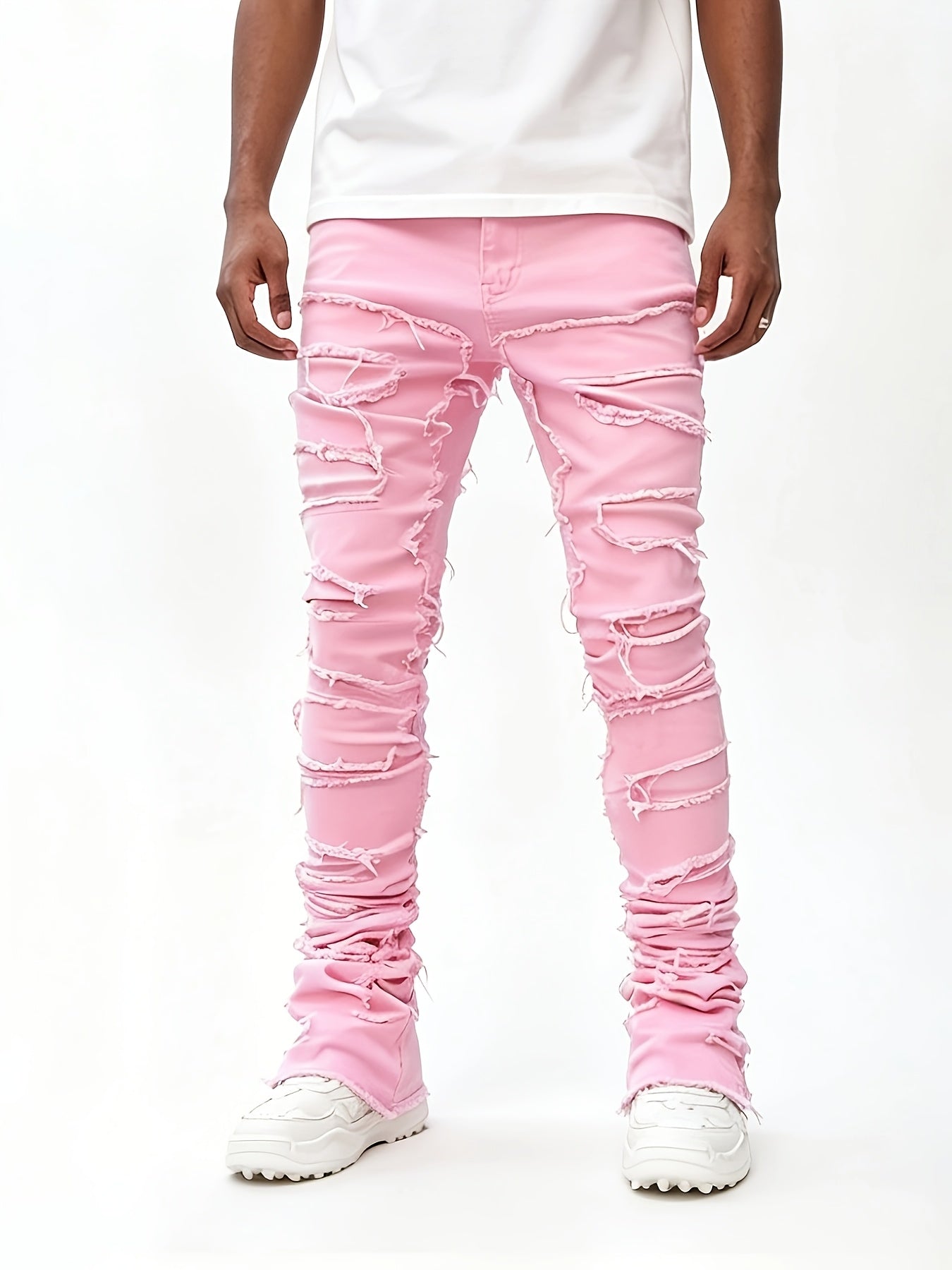 Men's Creative Tassel Decor Straight Fit Jeans, Men's Casual Mid-Rise Elastic Street Style Hip-Hop Skate Rap Jeans for All Seasons