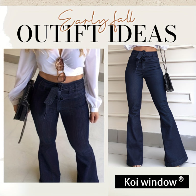 High-Waisted Slightly Stretchy Belt-Accented Flared Pants, Wide-Leg Women'S Jeans, Retro Flared Jeans, Loose-Fitting Women'S Jeans, Featuring 70S Style Ripped Design And Elastic Waistband, Suitable for Casual Or Cocktail Party Occasions