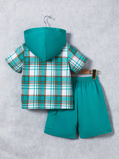2pcs, Children's Short-sleeved Plaid Shirt Shorts Hooded Top Cardigan Fashion Casual Children's Shorts Set, Perfect for Outdoor