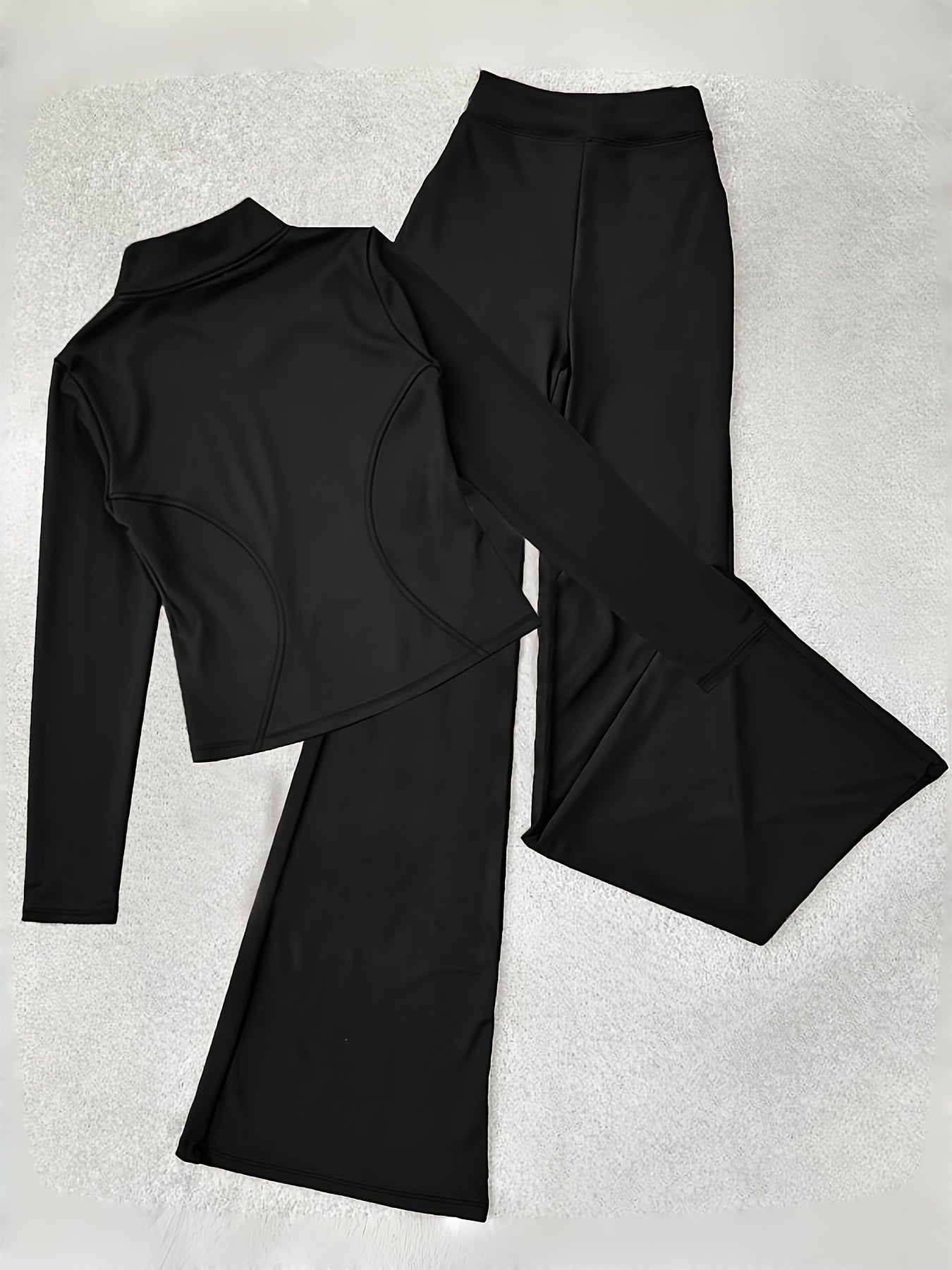 Zippered Long-sleeved Top with Flared Pants Set - Fashionable And Elegant Women's Outfit for Daily Casual Wear, And S. Available In Black, Gray And Beige Colors. Women's Tight Casual Outdoor Attire.