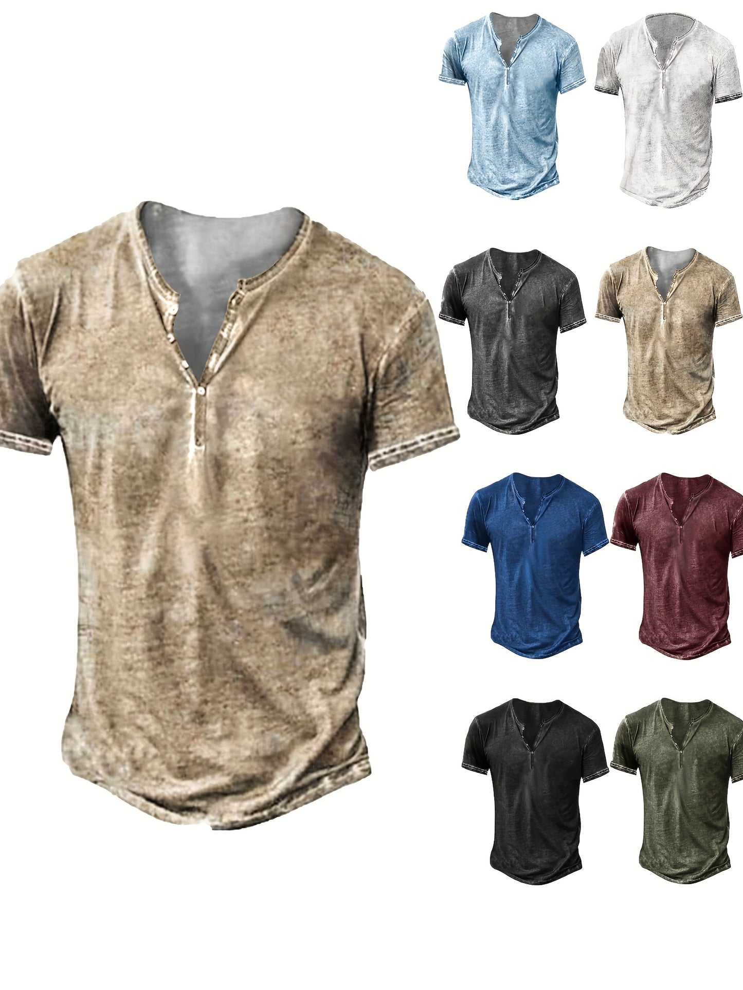 Mens Distressed Henley Shirts Short Sleeve Button T-Shirt Slim Fit Cotton Casual Shirt