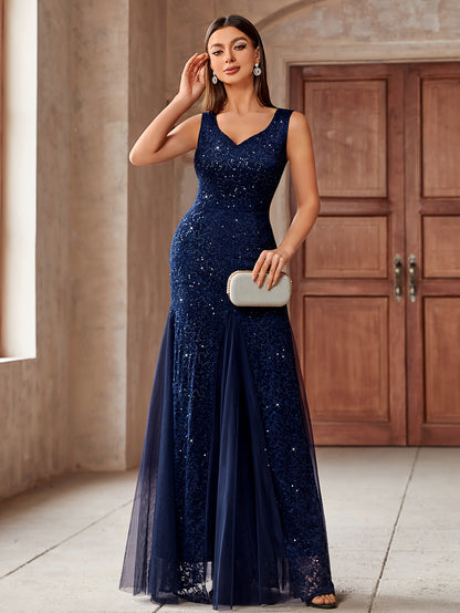 23218 Elegant Women's Sequin Lace Long Evening Bridesmaid Dress, Sweetheart Neckline Sleeveless Design with Slit Tulle Mermaid Hem, Perfect for Formal Wedding Party