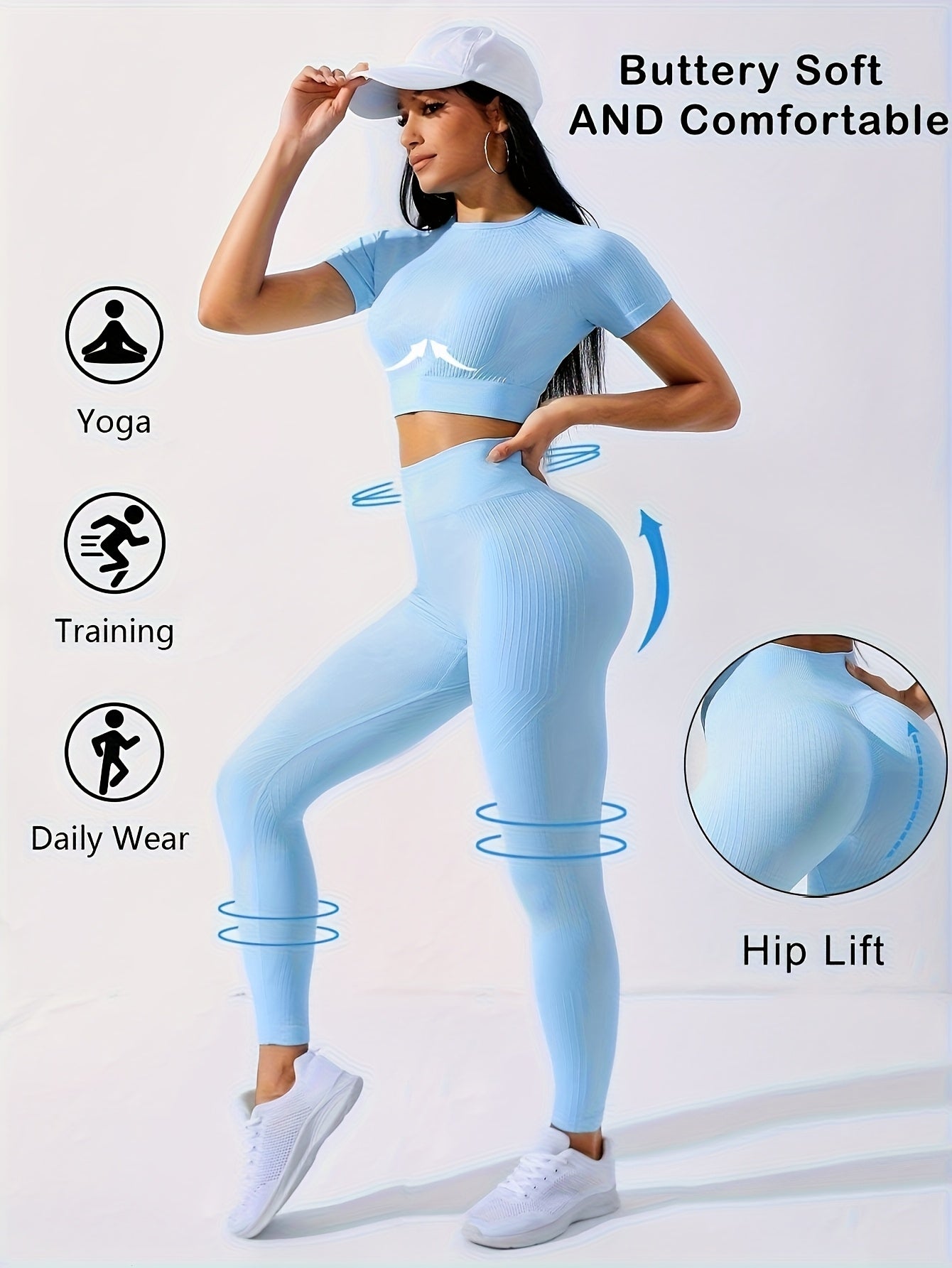 Women's 2pcs Workout Set - Yoga Top & Leggings, Crew Neck, Medium Stretch, Solid Color, All-Season Activewear, Workout