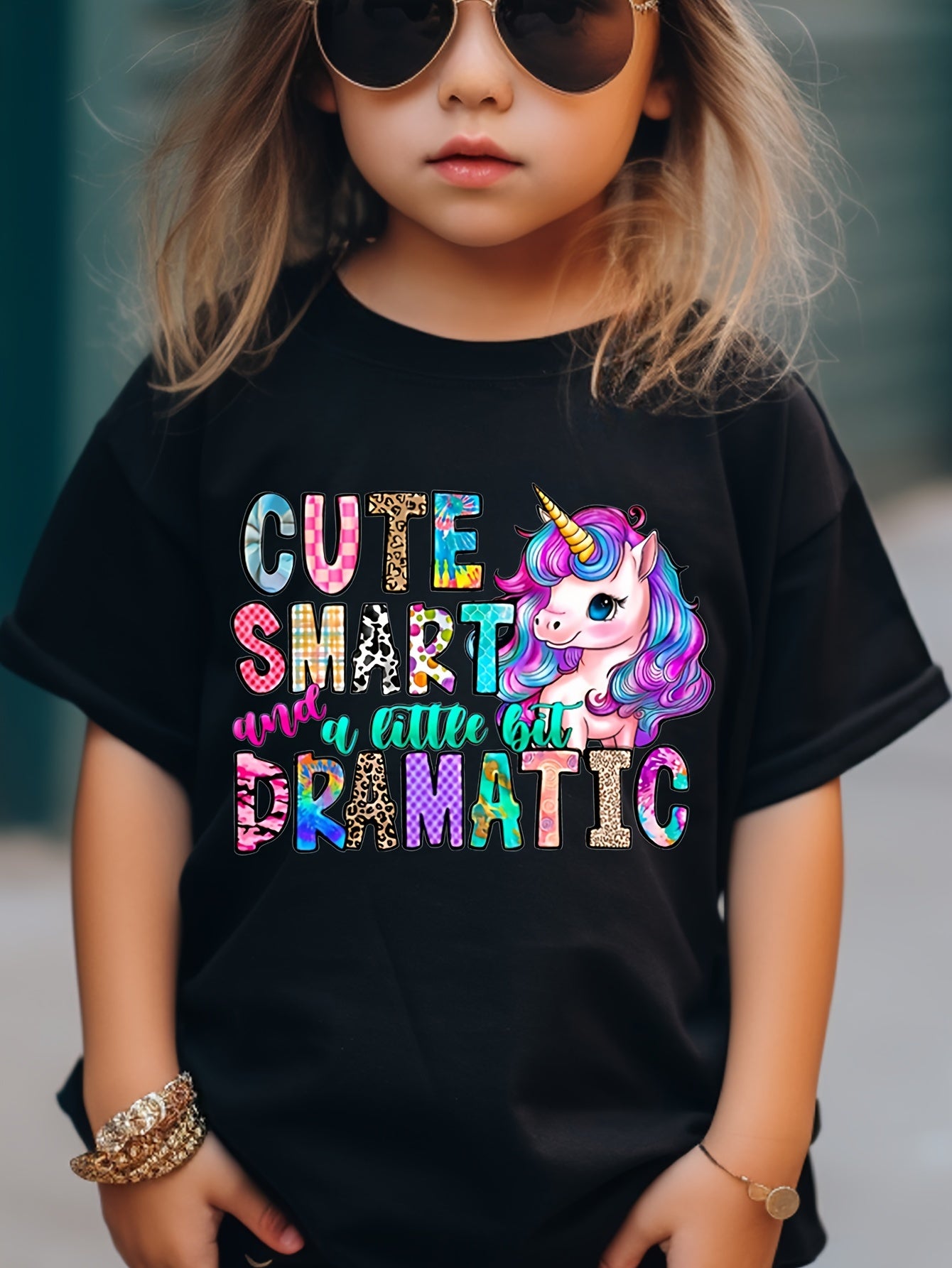 Girls' Black Printed Short-Sleeve T-Shirt - product view 7