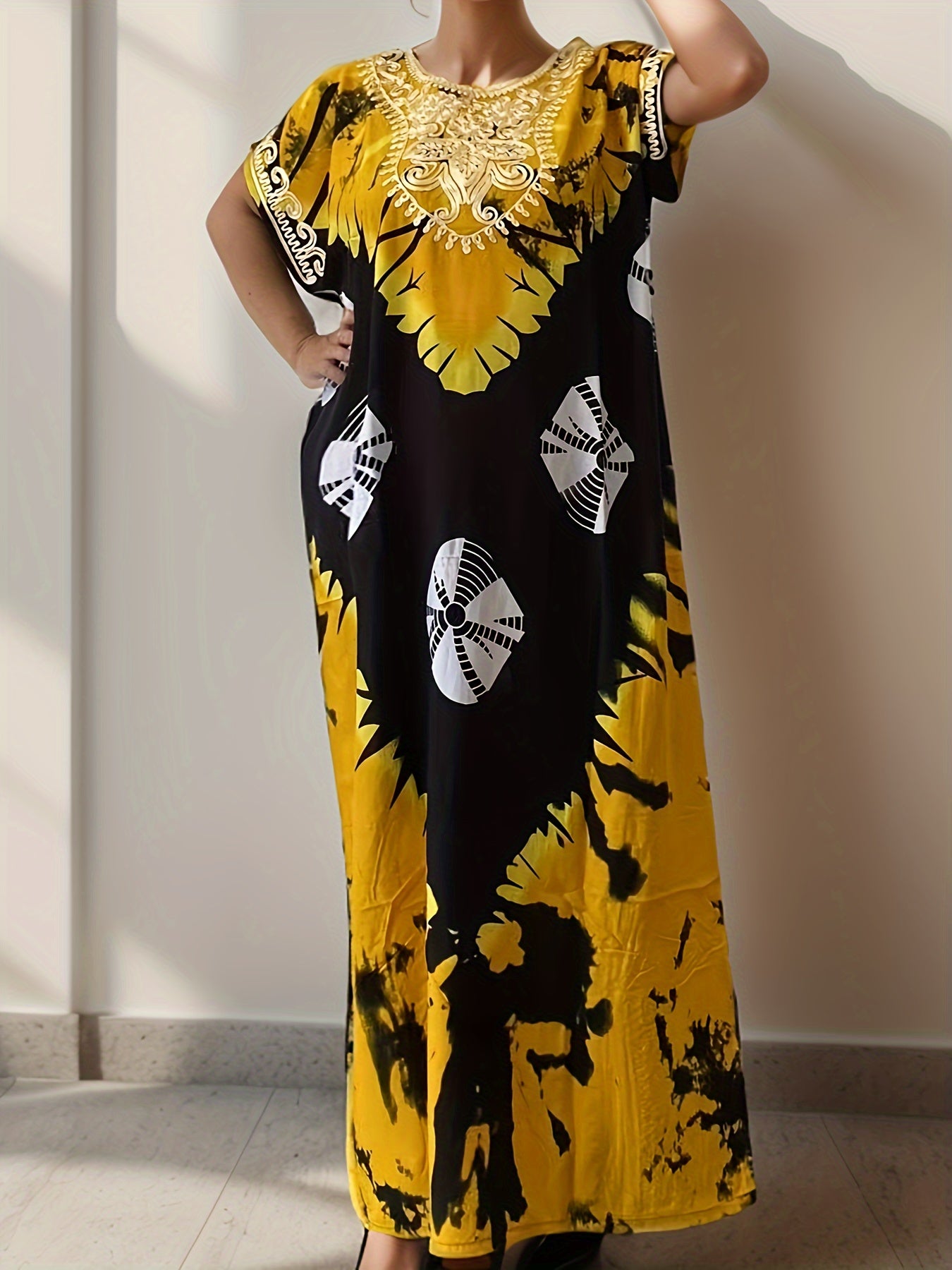 Elegant Ramadan Kaftan Dress: Middle Eastern Women's Long Sleeve, Floral Print, Rayon/Viscose, Seasonal, Straight Cut,, Sari Style, Suitable for All Seasons