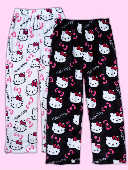 Sanrio KT Cat Pajama Pants for Women - 2pcs Sleepwear Set with Cute KT Cat Face & Full-Length Pants, Cozy Flannel Pajamas for s, - Nightwear ()