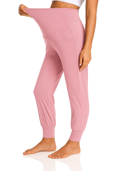 2pcs Women's Maternity High-Waisted Stretchy Pants - 95% Rayon 5% Spandex Tummy Control Elastic Waistband, 7/8 Length with Pockets for Running, Lounge & Postpartum - All-Season Comfort (Black & Grey), Maternity Pants, Pregnancy Clothing, Solid Color Pants