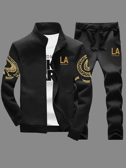 Men'S Casual Sporty Zip-Up Jacket And Joggers Set - Striped, Polyester, Spring/Fall Collection