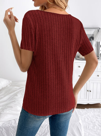 Elegant Spring/Summer Women's V-Neck T-Shirt with Chic Button Detail, Casual Ribbed Short Sleeve Top, Stretch Polyester, Machine Washable, Suitable for Everyday Style, Loose Fit