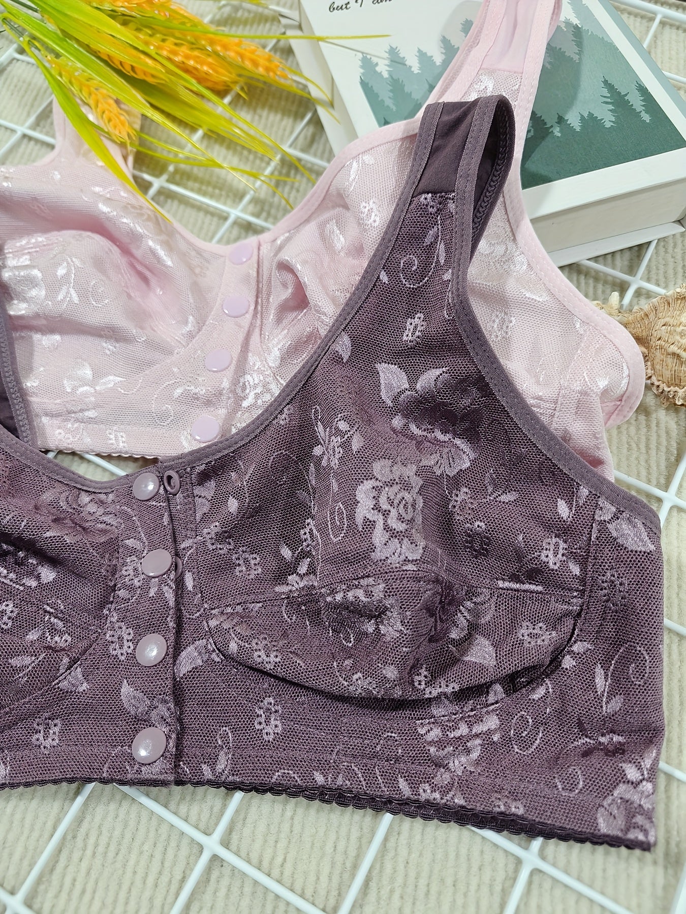 2-Pack Valentine'S Day Special Women'S Sexy Floral Lace Front Closure Bras - No Padding Thin Support Wire-Free Comfort Bras for Casual Attire, Black & Pink, Hand Wash Solely