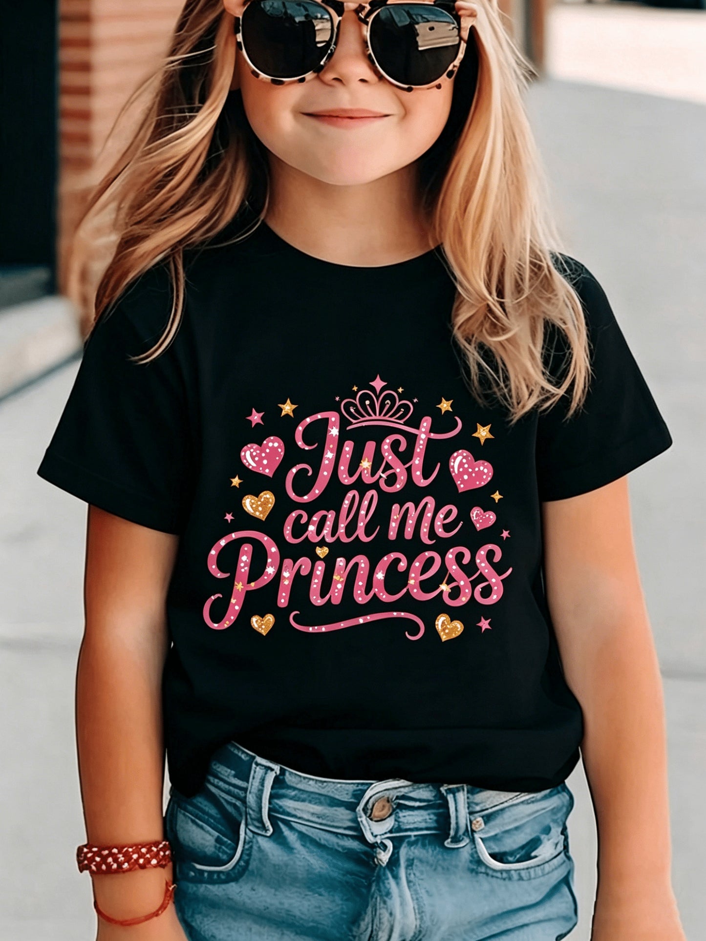 This Is a Single Piece of Girls' Clothing, a Trendy Short-Sleeved T-Shirt with a Round Neck It Showcases a Fun Print That Says 'Just Call Me Princess', Making It an Essential Summer Shirt for Ki.comfortable for Casual Attire - Machine Washable Gift