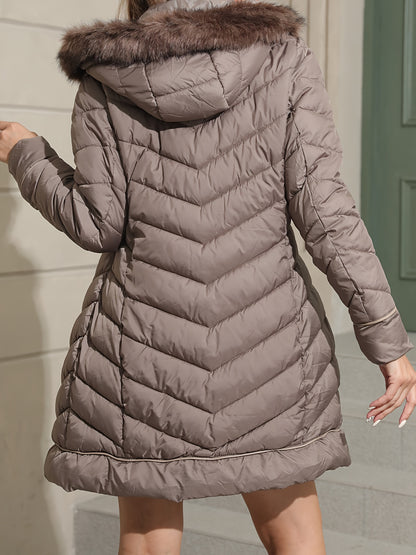 Zip-up Faux Trim Hoodie Puffy Coat, Casual Thermal Long Sleeve Coat for Fall & Winter, Women's Clothing