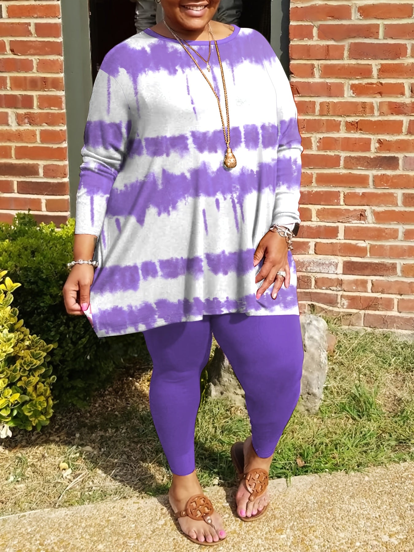 Plus Size - Plus-size Fashion Tie-dye Striped Print Long-sleeved Trousers Suit, Suitable For Going Out
