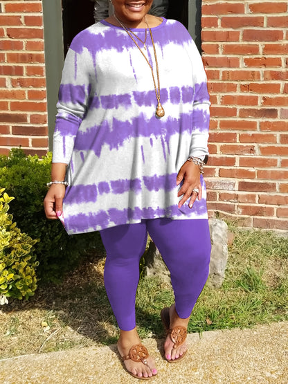 Plus Size - Plus-size Fashion Tie-dye Striped Print Long-sleeved Trousers Suit, Suitable For Going Out