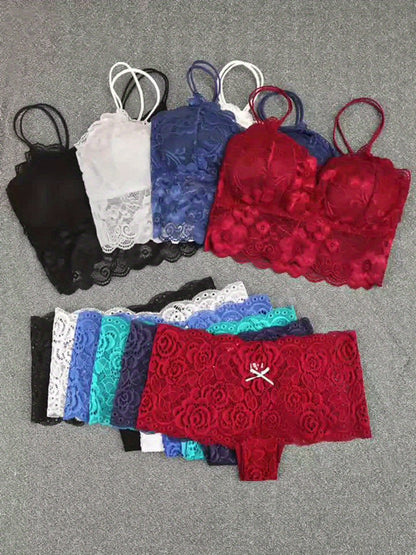 10pcs Of Women'S Underwear And Panties Combination Set Without Steel Rims, Comfortable Daily Exquisite Lace Bra Base, Beautiful Back, Seamless Suspender With Chest Cushion, Detachable Bra, Lace Underwear, Women'S Underwear And Panties