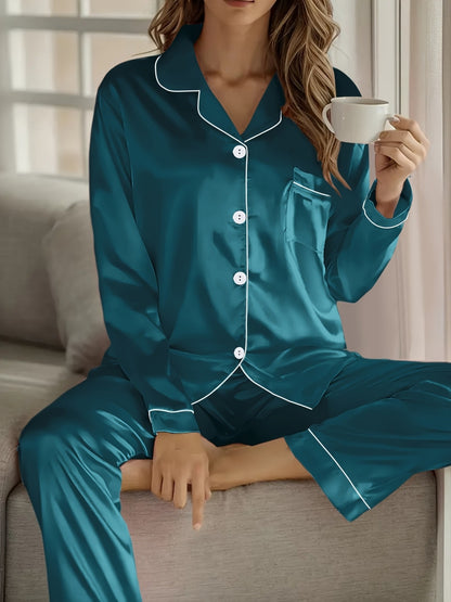 Women's Satin Casual Comfortable 1 Set 2pcs Pajama Outfit, Turn- Collar Long Sleeve Top & Elastic Waistband Trousers Women's Sleepwear