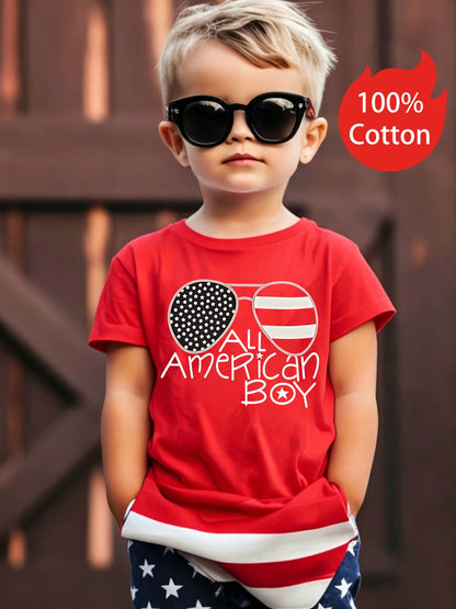 1pc Independence Day Summer 100% Cotton Fashion Boys' "ALL AMERICAN BOY" Cartoon Letter Printed Boys' Short Sleeved T-shirt