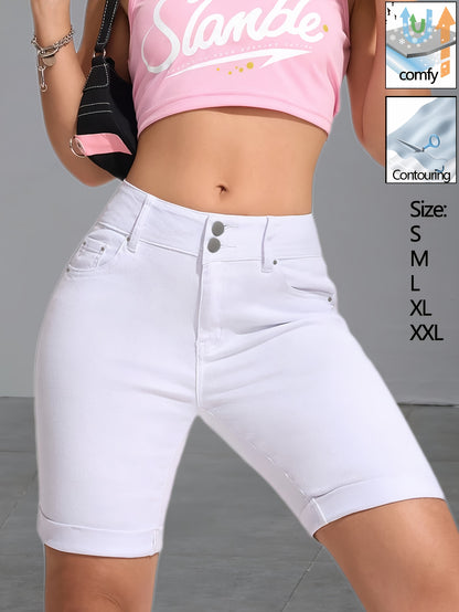 Slim Fit High-Waisted White Stretch Denim Bermuda Shorts for Women Featuring a Double Button Design, Rivet Details, And Cuffed Hems. Made from Soft, Flexible Fabric That Contours to The Figure