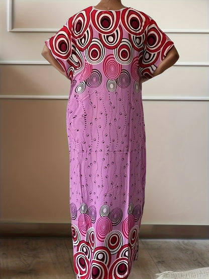 Geo Print Boat Neck Loose Dress, Elegant Batwing Sleeve Maxi Cover Up Dress, Women'S Clothing