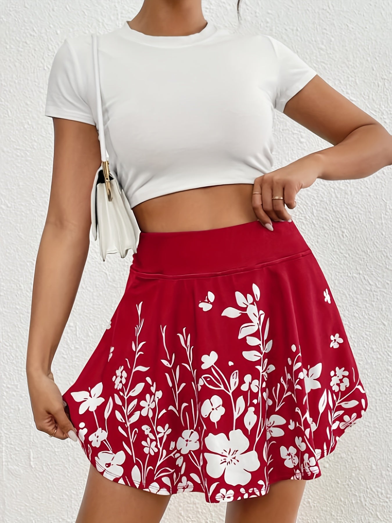 Women'S Summer Casual Solid Color High Waist Short Skirt Simple Floral Print Shorts Culottes With Pockets