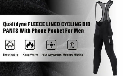 QUALICOS Men'S Insulated Cycling Bib Tights - Cold Weather Pants Featuring Fleece Lining, Shock-Absorbing Padding, Stretchy Mesh Material, Side Pockets & Ankle Zippers - Form-Fitting Bike Leggings for Winter Cycling, Running, And Commuting - Black