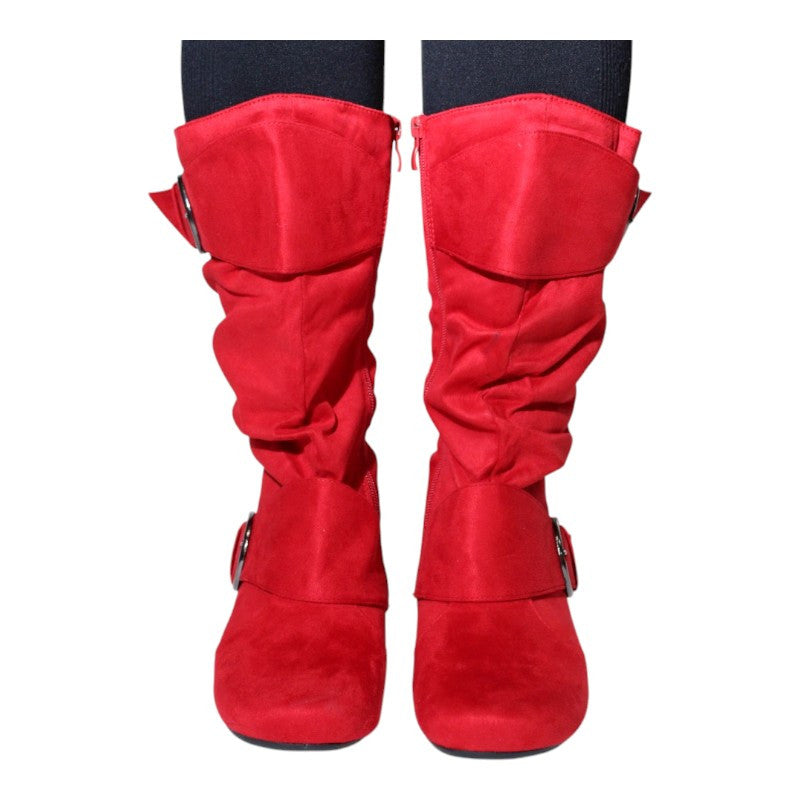Women's Closed Round Toe Buckle Slouch Flat Heel Mid-Calf Boot