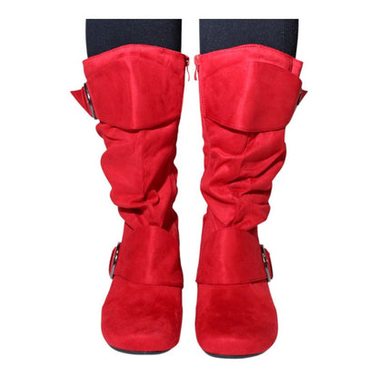 Women's Closed Round Toe Buckle Slouch Flat Heel Mid-Calf Boot