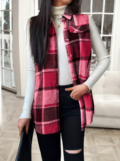 Fashionable Women'S Lapel Vest Jacket in Plaid for Spring, Autumn, And Winter