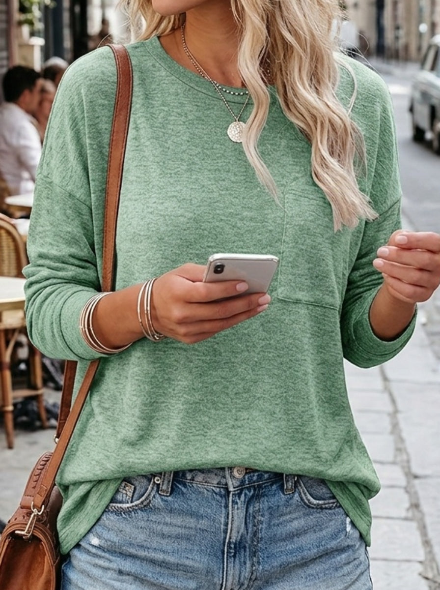 3pcs Women's Autumn/Winter Basic Warm Comfortable Split Plain Long Sleeve Chest Pocket T-Shirt Casual Comfortable Top Fashion T-Shirt