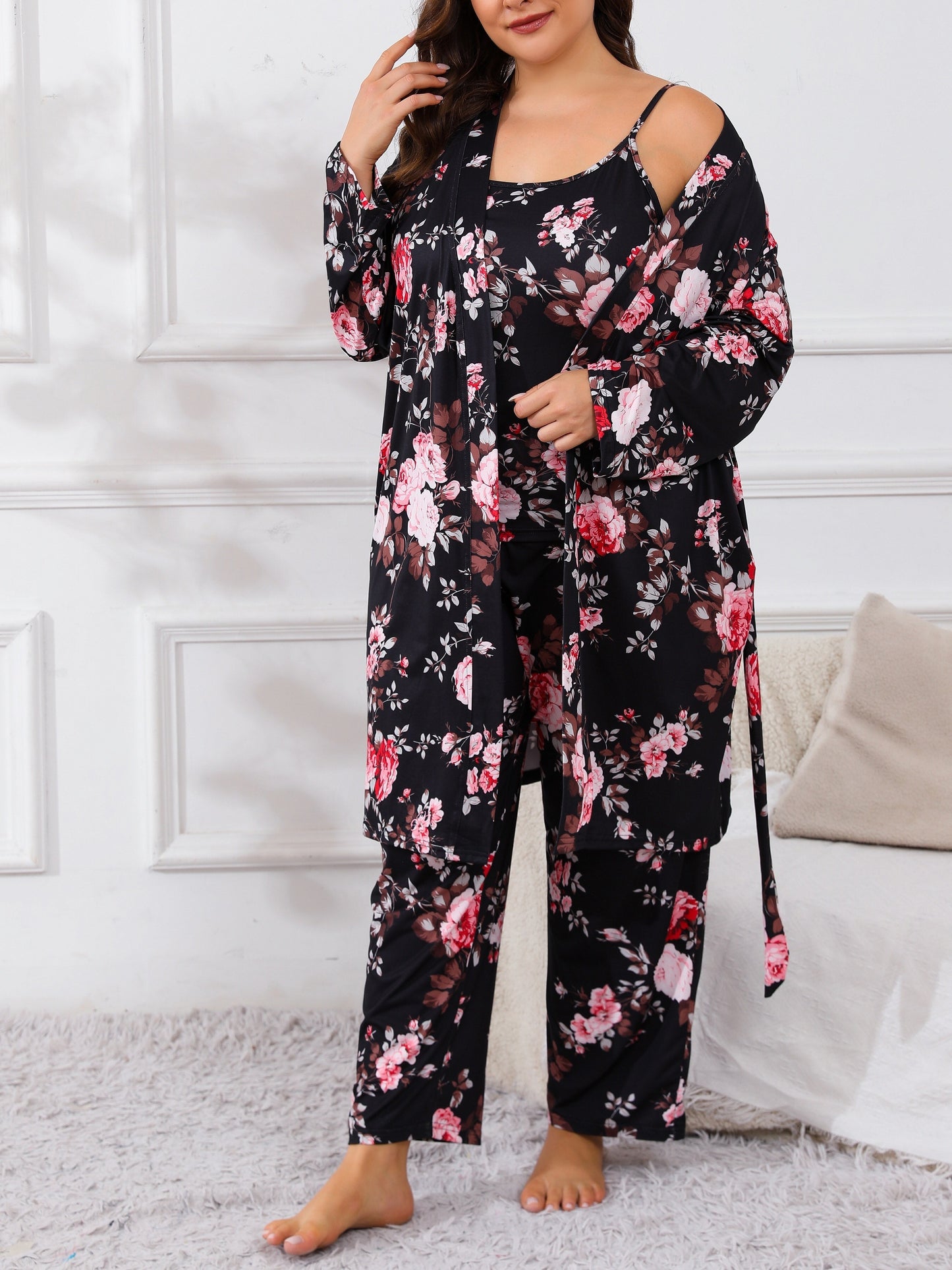 Large Size Women'S Flower Print Cami Top & Long Pants & Long Sleeve Robe 3pcs Elegant Casual Pajama Set