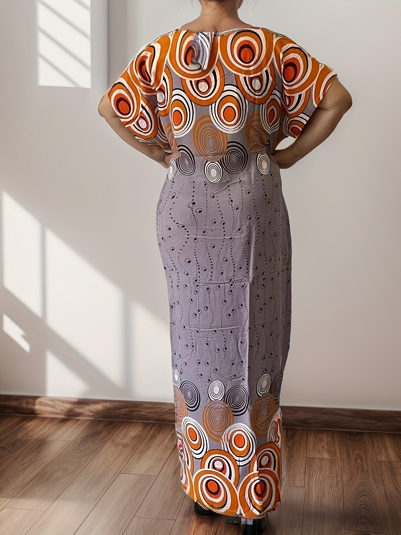 Geo Print Boat Neck Loose Dress, Elegant Batwing Sleeve Maxi Cover Up Dress, Women'S Clothing