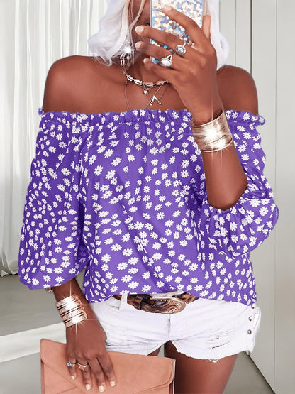 Womens Summer Off Shoulder Blouse Floral Print 3/4 Sleeve Casual Chiffon Tops Shirts