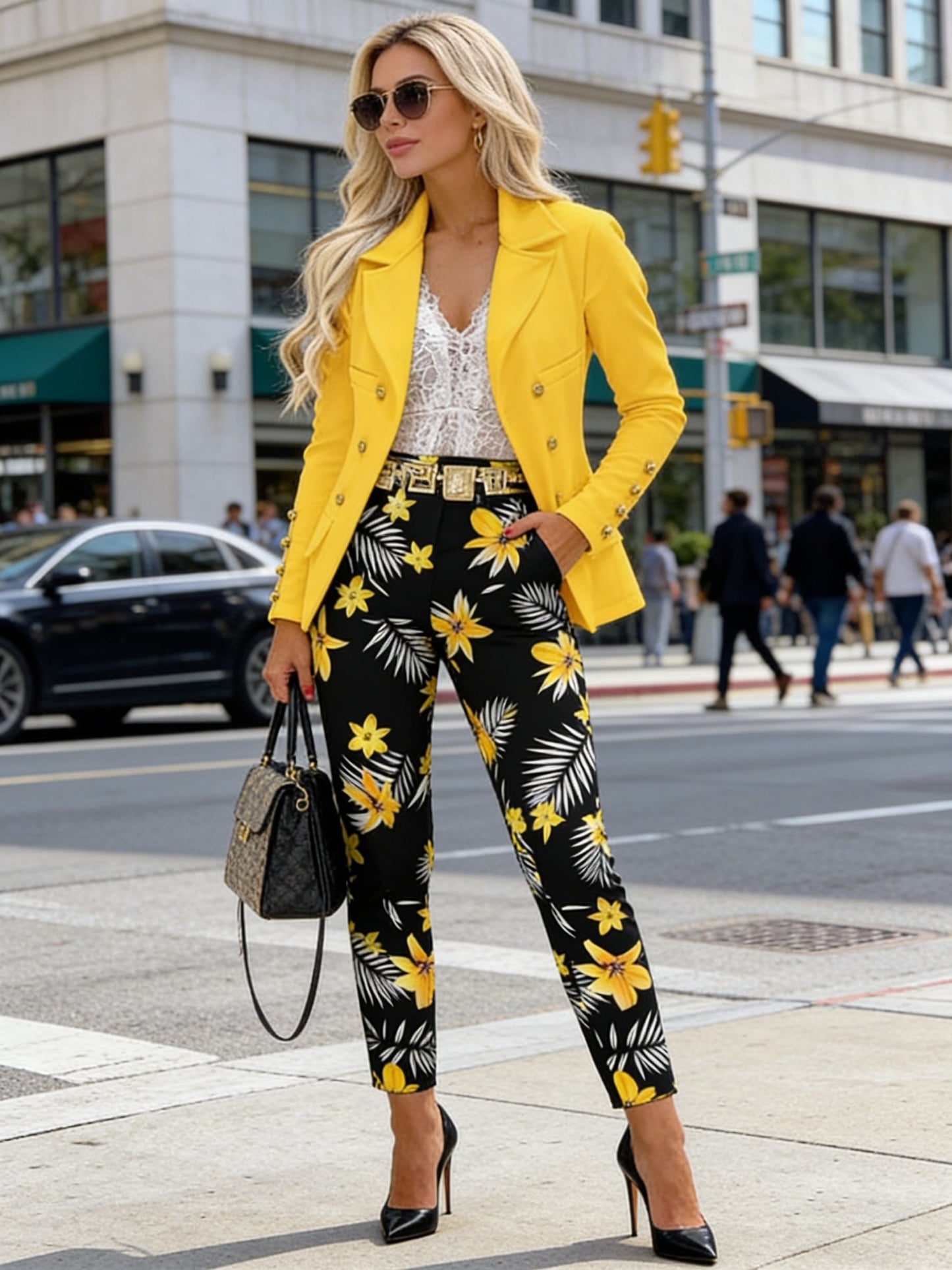 Women'S Fashion Suit Two-Piece Set: Bright Yellow Double-Breasted Blazer with Black Floral Print Pants - Stylish Work Outdoor Commute Apparel And Elegant Office Attire