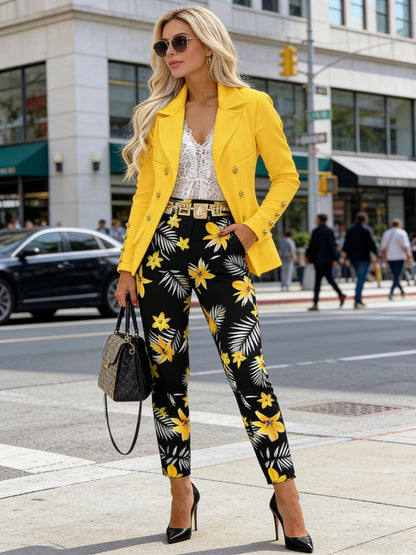 Women'S Fashion Suit Two-Piece Set: Bright Yellow Double-Breasted Blazer with Black Floral Print Pants - Stylish Work Outdoor Commute Apparel And Elegant Office Attire