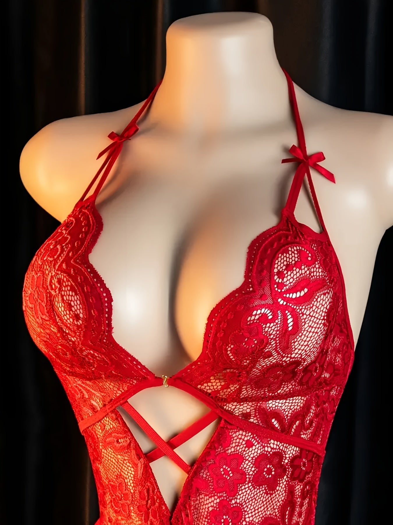 Sexy Women's Backless Bodysuit, Red Lace with Contrast Cut-Out Neckline, Unlined Full Coverage Jumpsuit, Adjustable Design Adult Lingerie