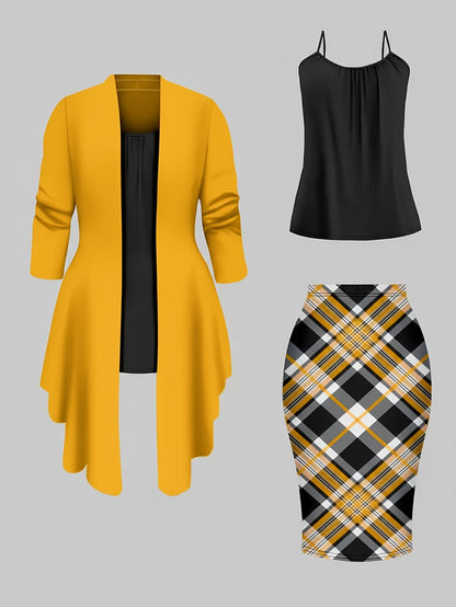 Women'S Retro Irregular Hem Three-Quarter Sleeve Cardigan + Black Camisole and Plaid Bodycon Skirt Three-Piece Set - Spring/Autumn Commuter and Party Outfit