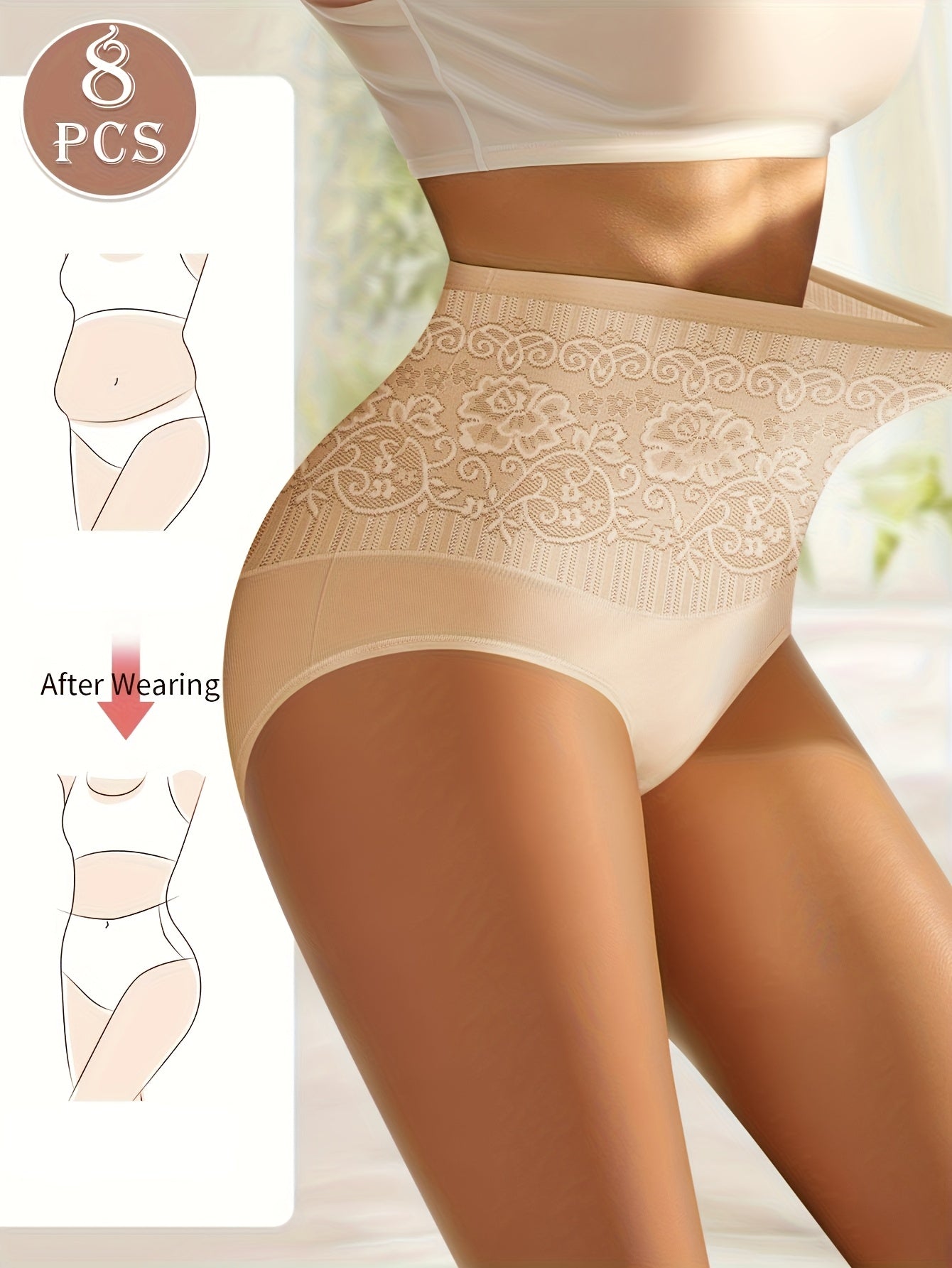 8pcs Comfortable High-Waisted Lace Briefs, Contrast Lace, Solid Color, Fabric, Simple Style for Casual Attire - Womens Panties for All Seasons